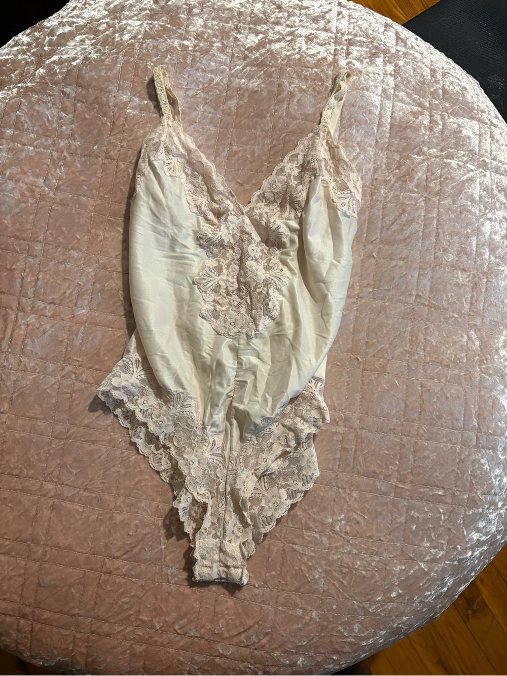Guy Laroche Ivory Satin and Blush Lace Bodysuit